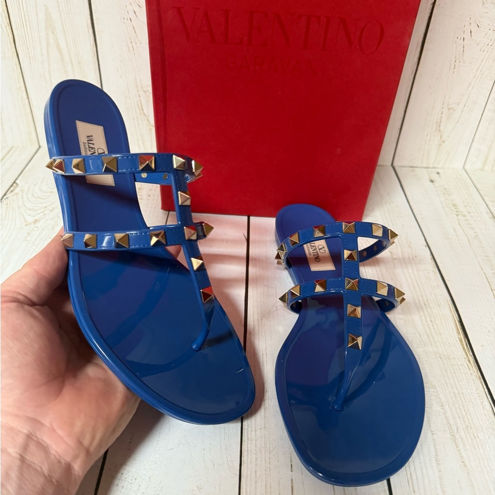 Authentic Valentino Garavani Rockstud Blue Rubber thong Slides - Gold Studs